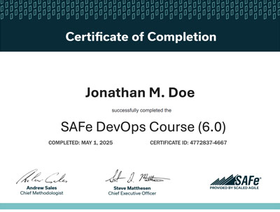 SAFe DevOps Certificate of Completion example