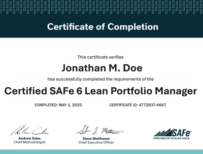 Lean Portfolio Management Certificate of Completion example