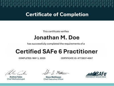 SAFe Practitioner Certificate of Completion example
